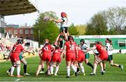 20 April 2025; Dorothy Wall of Ireland wins possession in a line-out during the Women's Six Nations Rugby Championship match between Wales and Ireland at Rodney Parade in Newport, Wales. Photo by Kian Abdullah/Sportsfile
