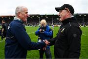 20 April 2025; Limerick manager John Kiely, left, and Tipperary manager Liam Cahill shake hands after the Munster GAA Hurling Senior Championship Round 1 match between Tipperary and Limerick at FBD Semple Stadium in Thurles, Tipperary. Photo by Seb Daly/Sportsfile