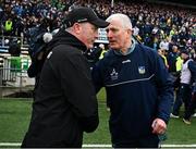 20 April 2025; Tipperary manager Liam Cahill, left, and Limerick manager John Kiely shake hands after the Munster GAA Hurling Senior Championship Round 1 match between Tipperary and Limerick at FBD Semple Stadium in Thurles, Tipperary. Photo by Seb Daly/Sportsfile