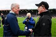 20 April 2025; Limerick manager John Kiely, left, and Tipperary manager Liam Cahill shake hands after the Munster GAA Hurling Senior Championship Round 1 match between Tipperary and Limerick at FBD Semple Stadium in Thurles, Tipperary. Photo by Seb Daly/Sportsfile