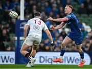 19 April 2025; Ciarán Frawley of Leinster in action against Jude Postlethwaite of Ulster during the United Rugby Championship match between Leinster and Ulster at the Aviva Stadium in Dublin. Photo by Sam Barnes/Sportsfile