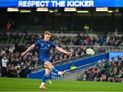 19 April 2025; Ciarán Frawley of Leinster kicks a conversion during the United Rugby Championship match between Leinster and Ulster at the Aviva Stadium in Dublin. Photo by Sam Barnes/Sportsfile