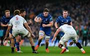 19 April 2025; Diarmuid Mangan of Leinster in action against Cormac Izuchukwu, left, and James McNabney of Ulster during the United Rugby Championship match between Leinster and Ulster at the Aviva Stadium in Dublin. Photo by Sam Barnes/Sportsfile