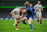 19 April 2025; Zac Ward of Ulster in action against Tommy O’Brien of Leinster during the United Rugby Championship match between Leinster and Ulster at the Aviva Stadium in Dublin. Photo by Sam Barnes/Sportsfile
