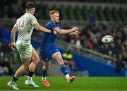 19 April 2025; Ciarán Frawley of Leinster in action against Jude Postlethwaite of Ulster during the United Rugby Championship match between Leinster and Ulster at the Aviva Stadium in Dublin. Photo by Sam Barnes/Sportsfile