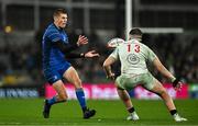 19 April 2025; Sam Prendergast of Leinster in action against Jude Postlethwaite of Ulster during the United Rugby Championship match between Leinster and Ulster at the Aviva Stadium in Dublin. Photo by Sam Barnes/Sportsfile