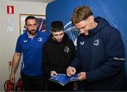 19 April 2025; Leinster players Jack Conan, left, and Jordie Barrett with supporters in Autograph Alley before the United Rugby Championship match between Leinster and Ulster at the Aviva Stadium in Dublin. Photo by Sam Barnes/Sportsfile