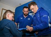 19 April 2025; Leinster players Jack Conan, left, and Josh van der Flier with supporters in Autograph Alley before the United Rugby Championship match between Leinster and Ulster at the Aviva Stadium in Dublin. Photo by Sam Barnes/Sportsfile