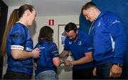 19 April 2025; Leinster players Jack Conan, left, and Josh van der Flier with supporters in Autograph Alley before the United Rugby Championship match between Leinster and Ulster at the Aviva Stadium in Dublin. Photo by Sam Barnes/Sportsfile