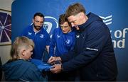 19 April 2025; Leinster players Jack Conan, Josh van der Flier and Jordie Barrett with supporters in Autograph Alley before the United Rugby Championship match between Leinster and Ulster at the Aviva Stadium in Dublin. Photo by Sam Barnes/Sportsfile