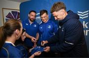 19 April 2025; Leinster players Jack Conan, Josh van der Flier and Jordie Barrett with supporters in Autograph Alley before the United Rugby Championship match between Leinster and Ulster at the Aviva Stadium in Dublin. Photo by Sam Barnes/Sportsfile