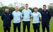 19 April 2025; Kilkenny representatives, from left, assistant coach Steve Ashmore, Josh Evans, Jake Caldbeck, Garry Dunne and assistant coach Wes Carter before a Leinster Rugby Juniors squad training session at Gorey RFC in Gorey, Wexford. Photo by Brendan Moran/Sportsfile