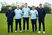19 April 2025; Kilkenny representatives, from left, assistant coach Steve Ashmore, Josh Evans, Jake Caldbeck, Garry Dunne and assistant coach Wes Carter before a Leinster Rugby Juniors squad training session at Gorey RFC in Gorey, Wexford. Photo by Brendan Moran/Sportsfile