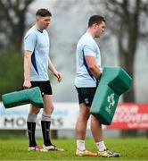 19 April 2025; Walter Walsh, left, during a Leinster Rugby Juniors squad training session at Gorey RFC in Gorey, Wexford. Photo by Brendan Moran/Sportsfile