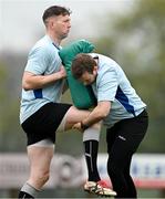 19 April 2025; Walter Walsh, left, and Eoghan Duffy during a Leinster Rugby Juniors squad training session at Gorey RFC in Gorey, Wexford. Photo by Brendan Moran/Sportsfile