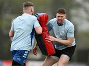 19 April 2025; Walter Walsh, right, during a Leinster Rugby Juniors squad training session at Gorey RFC in Gorey, Wexford. Photo by Brendan Moran/Sportsfile