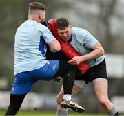 19 April 2025; Walter Walsh, right, during a Leinster Rugby Juniors squad training session at Gorey RFC in Gorey, Wexford. Photo by Brendan Moran/Sportsfile