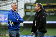 19 April 2025; Leinster chief operations officer Guy Easterby, left, and Ulster director of operations Bryn Cunningham before the United Rugby Championship match between Leinster and Ulster at the Aviva Stadium in Dublin. Photo by Brendan Moran/Sportsfile