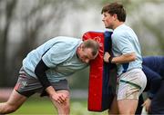19 April 2025; Josh Evans, left, and Strephen Hendy during a Leinster Rugby Juniors squad training session at Gorey RFC in Gorey, Wexford. Photo by Brendan Moran/Sportsfile
