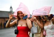 21 April 2025; Racegoer Emma Hillen from Newcastle, Co Down, left, and friends arrive prior to racing on day three of the Fairyhouse Easter Festival at Fairyhouse Racecourse in Ratoath, Meath. Photo by David Fitzgerald/Sportsfile