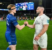 19 April 2025; Tommy O'Brien of Leinster, left, and John Cooney of Ulster after the United Rugby Championship match between Leinster and Ulster at the Aviva Stadium in Dublin. Photo by Brendan Moran/Sportsfile