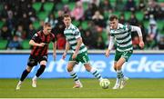 21 April 2025; Matt Healy of Shamrock Rovers in action against Ross Tierney of Bohemians during the SSE Airtricity Men's Premier Division match between Shamrock Rovers and Bohemians at Tallaght Stadium in Dublin. Photo by Stephen McCarthy/Sportsfile