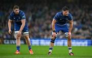 19 April 2025; Diarmuid Mangan, left, and Alex Soroka of Leinster during the United Rugby Championship match between Leinster and Ulster at the Aviva Stadium in Dublin. Photo by Brendan Moran/Sportsfile