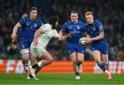 19 April 2025; Ciarán Frawley of Leinster in action against Tom O’Toole of Ulster during the United Rugby Championship match between Leinster and Ulster at the Aviva Stadium in Dublin. Photo by Brendan Moran/Sportsfile
