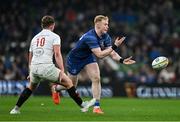 19 April 2025; Jamie Osborne of Leinster in action against Jack Murphy of Ulster during the United Rugby Championship match between Leinster and Ulster at the Aviva Stadium in Dublin. Photo by Brendan Moran/Sportsfile
