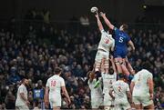 19 April 2025; Diarmuid Mangan of Leinster and David McCann of Ulster contest a lineout during the United Rugby Championship match between Leinster and Ulster at the Aviva Stadium in Dublin. Photo by Brendan Moran/Sportsfile