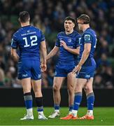 19 April 2025; Leinster players Robbie Henshaw, 12, Jimmy O'Brien and Garry Ringrose during the United Rugby Championship match between Leinster and Ulster at the Aviva Stadium in Dublin. Photo by Brendan Moran/Sportsfile