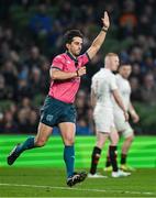 19 April 2025; Referee Gianluca Gnecchi awards a penalty try to Leinster during the United Rugby Championship match between Leinster and Ulster at the Aviva Stadium in Dublin. Photo by Brendan Moran/Sportsfile