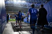 19 April 2025; Scott Penny of Leinster, 7, runs out for the start of the second half during the United Rugby Championship match between Leinster and Ulster at the Aviva Stadium in Dublin. Photo by Brendan Moran/Sportsfile