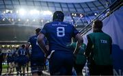 19 April 2025; James Culhane of Leinster, 8, runs out for the start of the second half during the United Rugby Championship match between Leinster and Ulster at the Aviva Stadium in Dublin. Photo by Brendan Moran/Sportsfile