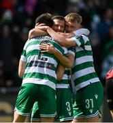 21 April 2025; Josh Honohan of Shamrock Rovers, left, celebrates with team-mates Adam Matthews, centre, and Michael Noonan after scoring their side's first goal during the SSE Airtricity Men's Premier Division match between Shamrock Rovers and Bohemians at Tallaght Stadium in Dublin. Photo by Stephen McCarthy/Sportsfile
