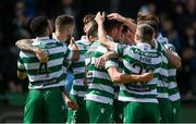 21 April 2025; Josh Honohan of Shamrock Rovers, centre, celebrates with team-mates including, Roberto Lopes, left, and Jack Byrne, right, after scoring their side's first goal during the SSE Airtricity Men's Premier Division match between Shamrock Rovers and Bohemians at Tallaght Stadium in Dublin. Photo by Stephen McCarthy/Sportsfile