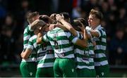 21 April 2025; Josh Honohan of Shamrock Rovers, hidden, celebrates with team-mates after scoring their side's first goal during the SSE Airtricity Men's Premier Division match between Shamrock Rovers and Bohemians at Tallaght Stadium in Dublin. Photo by Stephen McCarthy/Sportsfile
