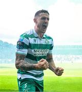 21 April 2025; Lee Grace of Shamrock Rovers celebrates after team-mate Michael Noonan, not pictured, scores their side's second goal during the SSE Airtricity Men's Premier Division match between Shamrock Rovers and Bohemians at Tallaght Stadium in Dublin. Photo by Stephen McCarthy/Sportsfile