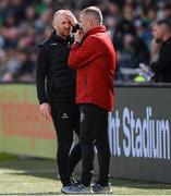 21 April 2025; Bohemians Assistant manager Stephen O'Donnell, left, speaks with Bohemians manager Alan Reynolds during the SSE Airtricity Men's Premier Division match between Shamrock Rovers and Bohemians at Tallaght Stadium in Dublin. Photo by Stephen McCarthy/Sportsfile
