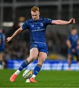 19 April 2025; Ciarán Frawley of Leinster kicks a conversion during the United Rugby Championship match between Leinster and Ulster at the Aviva Stadium in Dublin. Photo by Brendan Moran/Sportsfile