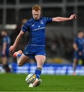 19 April 2025; Ciarán Frawley of Leinster kicks a conversion during the United Rugby Championship match between Leinster and Ulster at the Aviva Stadium in Dublin. Photo by Brendan Moran/Sportsfile