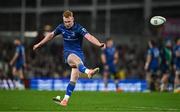 19 April 2025; Ciarán Frawley of Leinster kicks a conversion during the United Rugby Championship match between Leinster and Ulster at the Aviva Stadium in Dublin. Photo by Brendan Moran/Sportsfile