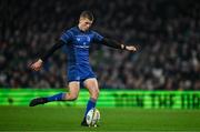 19 April 2025; Sam Prendergast of Leinster kicks a conversion during the United Rugby Championship match between Leinster and Ulster at the Aviva Stadium in Dublin. Photo by Brendan Moran/Sportsfile