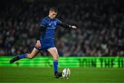 19 April 2025; Sam Prendergast of Leinster kicks a conversion during the United Rugby Championship match between Leinster and Ulster at the Aviva Stadium in Dublin. Photo by Brendan Moran/Sportsfile