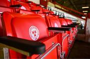 21 April 2025; A detailed view of embroided seats before the SSE Airtricity Men's Premier Division match between Shelbourne and Galway United at Tolka Park in Dublin. Photo by Sam Barnes/Sportsfile