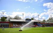21 April 2025; A general view as the pitch is watered ahead of the SSE Airtricity Men's Premier Division match between Shelbourne and Galway United at Tolka Park in Dublin. Photo by Sam Barnes/Sportsfile