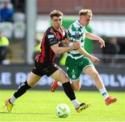 21 April 2025; Michael Noonan of Shamrock Rovers is fouled by Leigh Kavanagh of Bohemians during the SSE Airtricity Men's Premier Division match between Shamrock Rovers and Bohemians at Tallaght Stadium in Dublin. Photo by Stephen McCarthy/Sportsfile