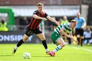 21 April 2025; Michael Noonan of Shamrock Rovers is fouled by Leigh Kavanagh of Bohemians during the SSE Airtricity Men's Premier Division match between Shamrock Rovers and Bohemians at Tallaght Stadium in Dublin. Photo by Stephen McCarthy/Sportsfile