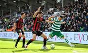 21 April 2025; Graham Burke of Shamrock Rovers in action against Niall Morahan of Bohemians, centre, and Keith Buckley of Bohemians during the SSE Airtricity Men's Premier Division match between Shamrock Rovers and Bohemians at Tallaght Stadium in Dublin. Photo by Stephen McCarthy/Sportsfile