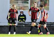 21 April 2025; Ross Tierney of Bohemians, left, celebrates with team-mates Leigh Kavanagh, centre, and Dawson Devoy after scoring their side's second goal during the SSE Airtricity Men's Premier Division match between Shamrock Rovers and Bohemians at Tallaght Stadium in Dublin. Photo by Stephen McCarthy/Sportsfile
